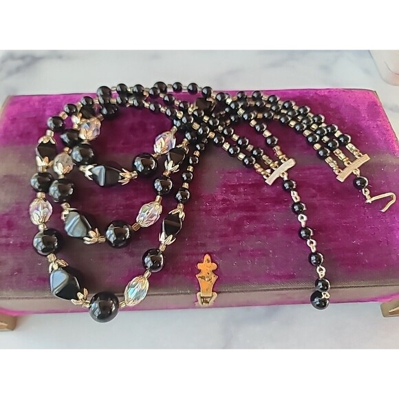 Black And Clear Multistrand Adjustable Beaded Necklace Vintage Japan - Picture 5 of 10